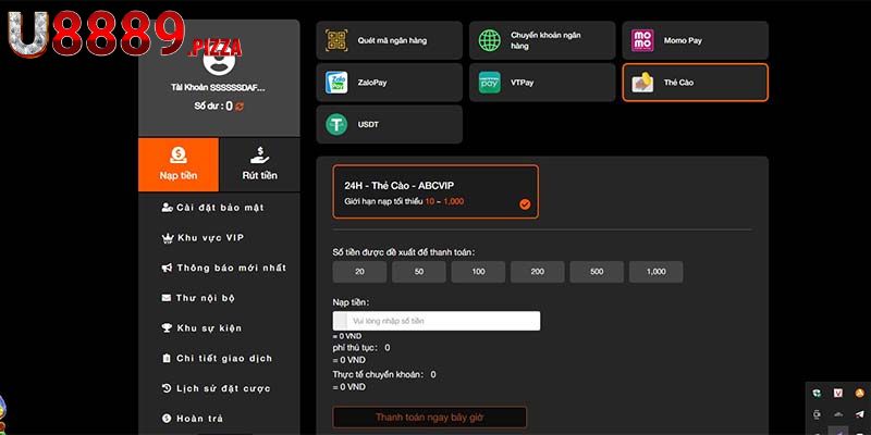 Các phương thức nạp tiền U888 hỗ trợ người chơi